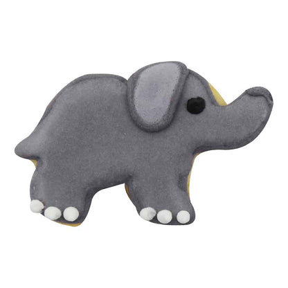 Decorated elephant-shaped cookie with gray icing, black eye detail, and white feet, perfect for themed events.