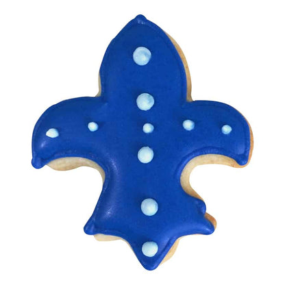 Decorated blue Fleur De Lis cookie with light blue icing details, shaped using the cutter.