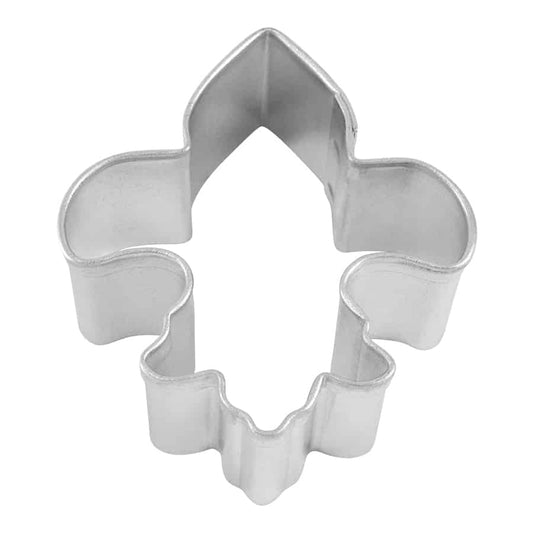 Mini Fleur De Lis cookie cutter made of silver metal, showcasing its intricate shape.