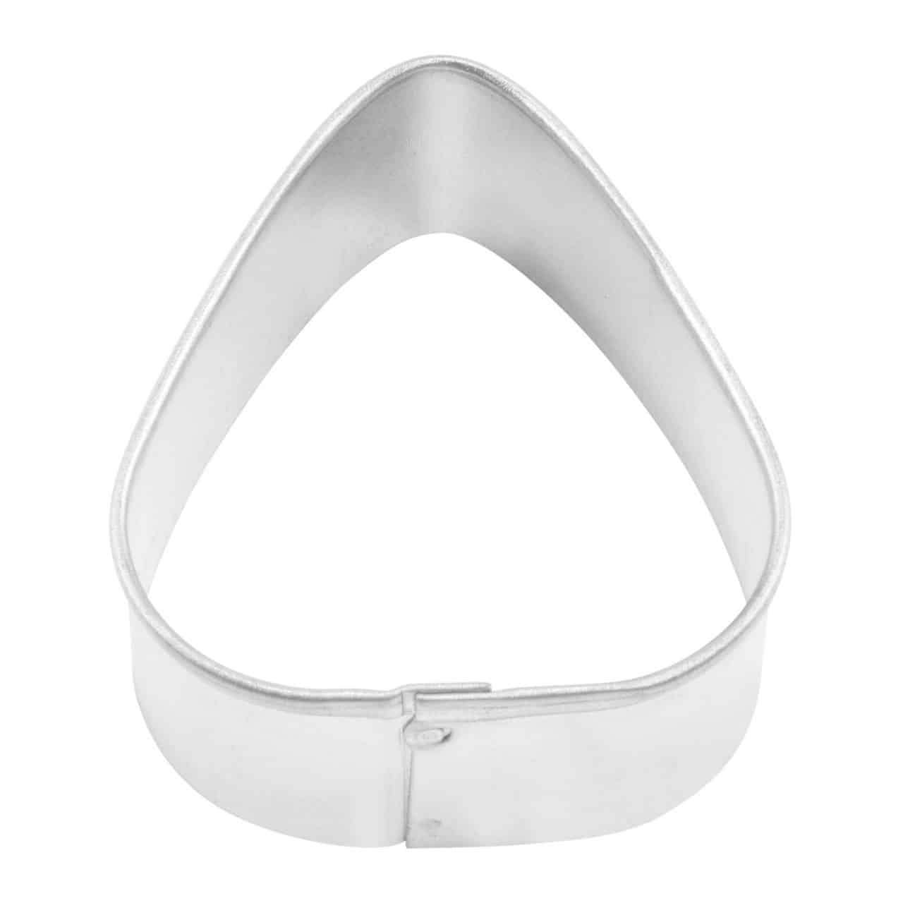 Mini guitar pick-shaped cookie cutter with a smooth triangular design, photographed from a top-down angle