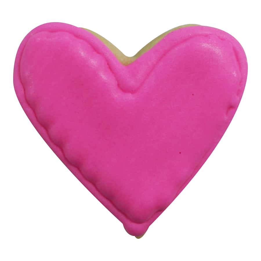 Pink heart-shaped cookie with a smooth icing finish, created using a mini heart cookie cutter.