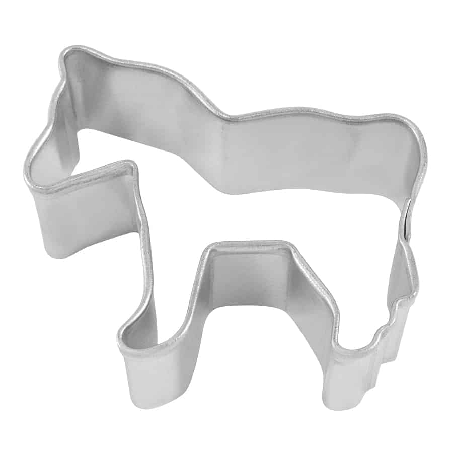 Mini horse-shaped cookie cutter made of silver metal, showing its detailed shape.