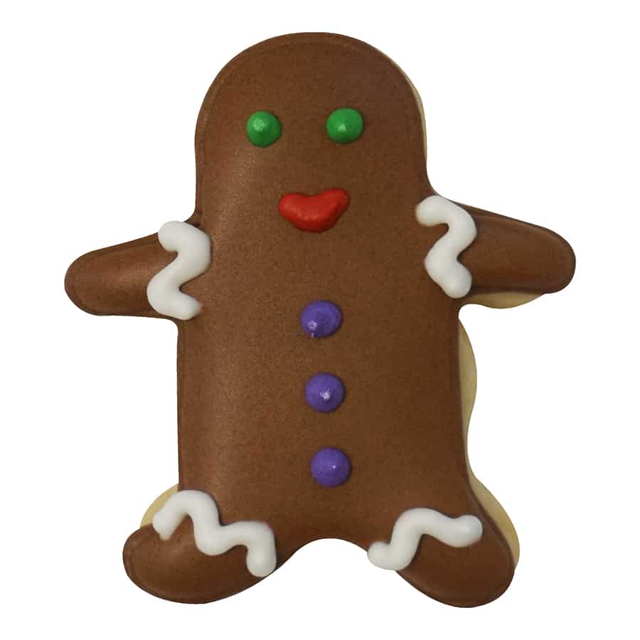 Decorated mini gingerbread boy cookie with brown icing, white frosting details, and colorful buttons.