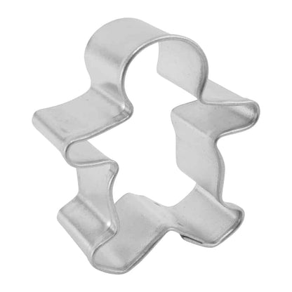 Angled view of the mini gingerbread boy cookie cutter, showing its compact size and raised edge.