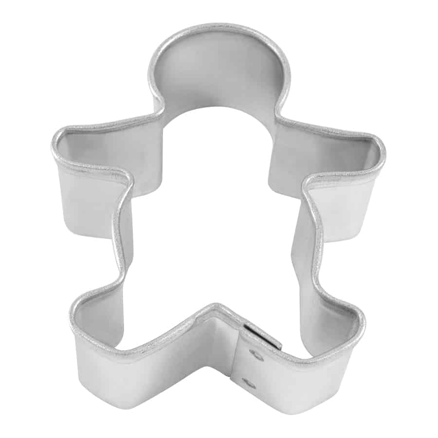 Mini gingerbread boy-shaped cookie cutter with a rounded head and outstretched arms.