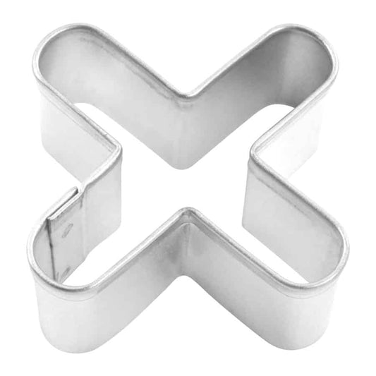 Mini "X" shaped cookie cutter made of silver metal, showing its clean edges and design.