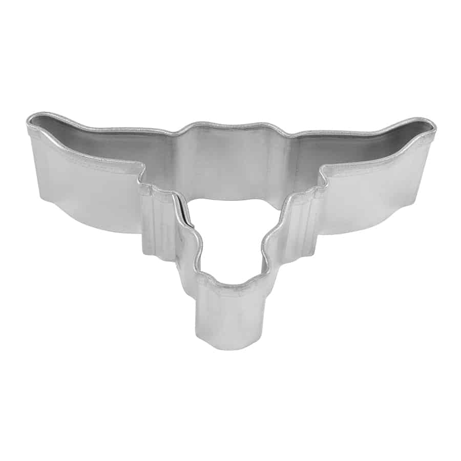 Mini Longhorn cookie cutter made of silver metal, shaped like a classic Texas Longhorn.