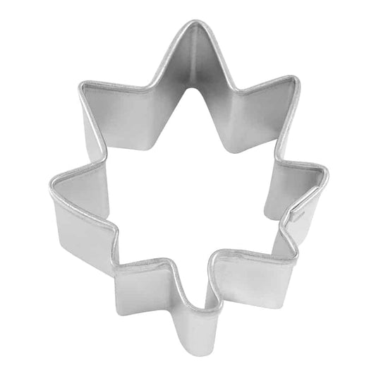 A mini maple leaf cookie cutter with sharp, defined edges, perfect for fall-themed cookies.