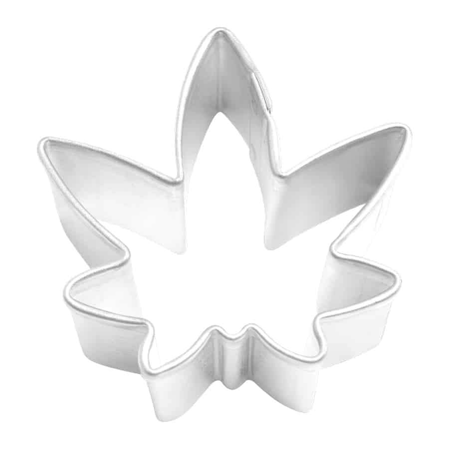 Small marijuana leaf-shaped metal cookie cutter on a white background.