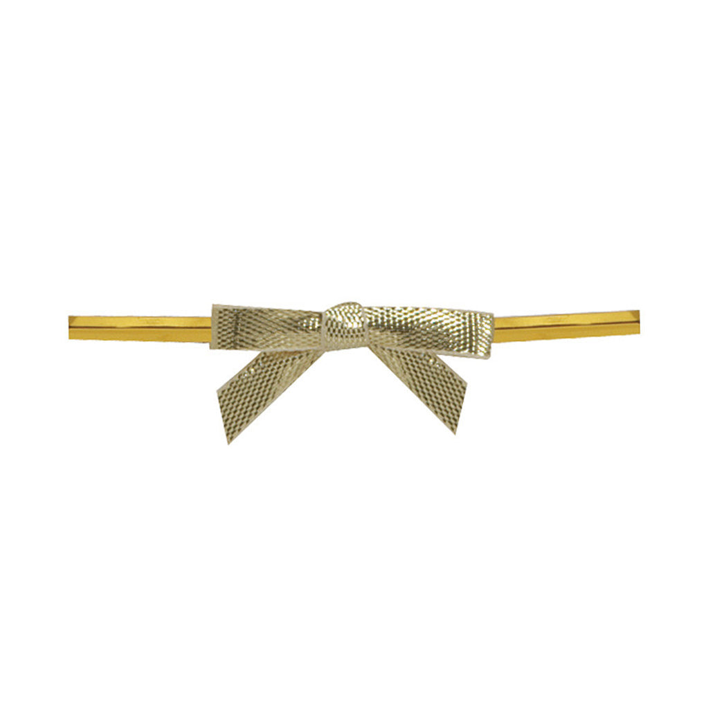 Pre-tied gold ribbon bow with textured metallic finish attached to a straight gold wire twist tie, shown on a white background.