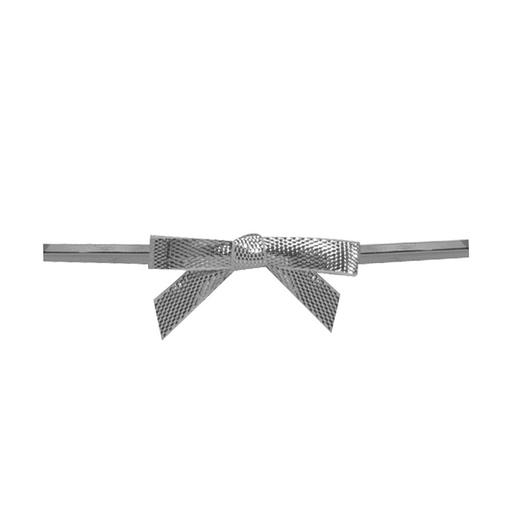 Pre-tied metallic silver ribbon bow with textured metallic finish attached to a straight silver wire twist tie, shown on a white background.