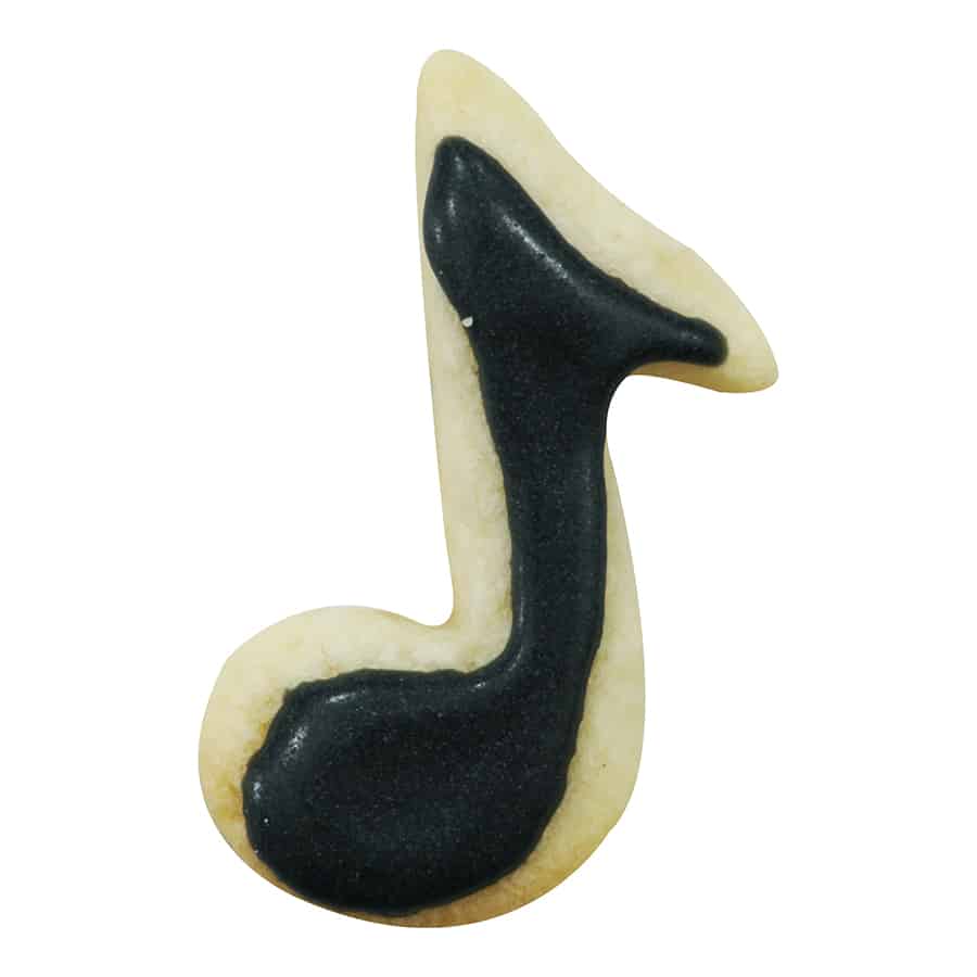 Decorated music note cookie with black icing.