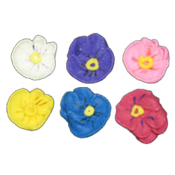 Mini pansy royal icing flowers in assorted colors, 3/4" size, arranged for decorating cupcakes, cookies, and confections.