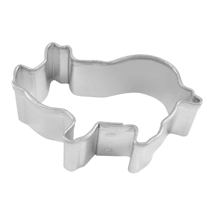 Mini pig-shaped cookie cutter made of silver metal, showing its detailed outline.