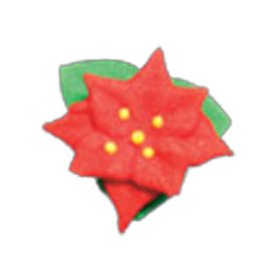 Mini poinsettia royal icing flowers in a set of six, each about 3/4 inch wide, featuring red petals and yellow centers, ideal for decorating holiday desserts.