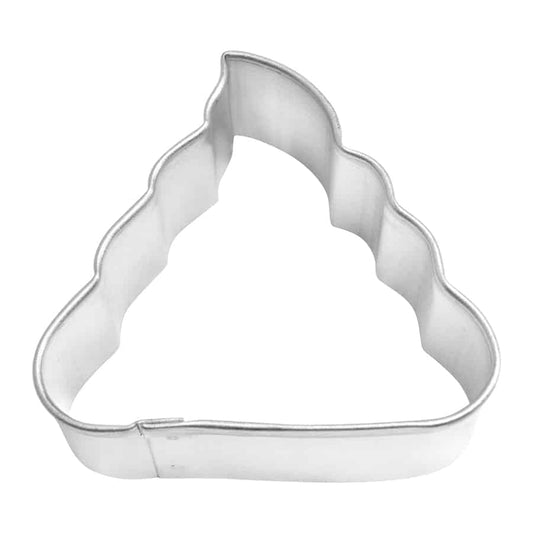 Mini Poop Emoji Cookie Cutter made of metal, featuring a swirled top and rounded base, measuring 2 inches wide.