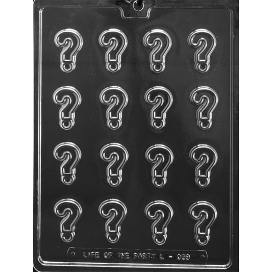 Mini question mark chocolate mold with 16 punctuation-shaped cavities measuring 1 1/2 x 1 x 1/4 inch deep
