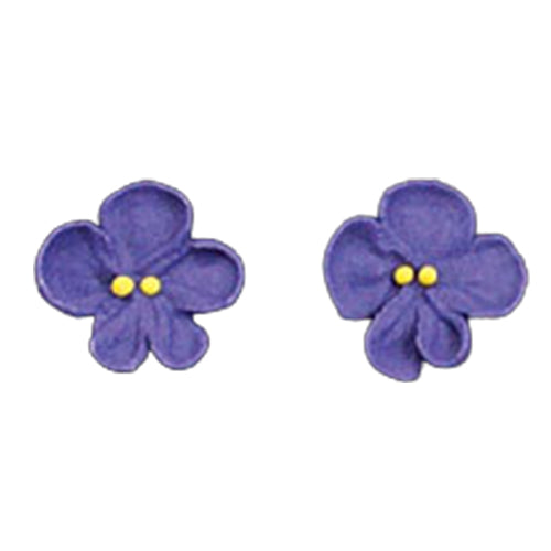 Two mini violet royal icing flowers, each 5/8 inch, with purple petals and yellow centers, edible decorations for cakes and cupcakes