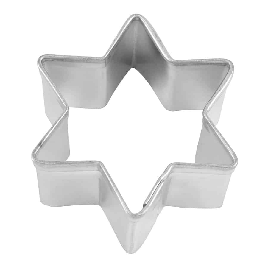 Mini Star Six-Point Cookie Cutter, 1.5 inches, silver metal, top view showing crisp hexagram shape.