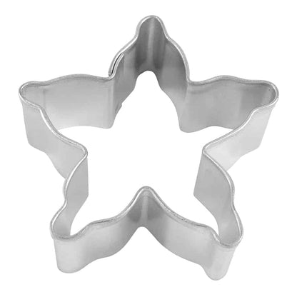 Mini Starfish Cookie Cutter made of metal, measuring 1.875 inches wide, shaped like a five-pointed starfish with wavy edges.