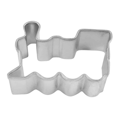 Mini locomotive train-shaped cookie cutter made of silver metal, showing its detailed outline.  
