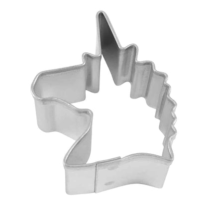 Mini Unicorn Head Cookie Cutter made of metal, measuring 1.75 inches wide, shaped like a unicorn’s head with a pointed horn and flowing mane.