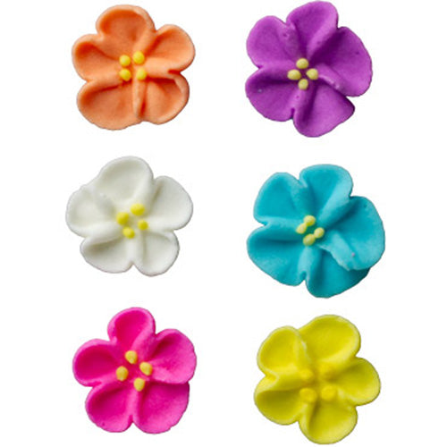 Assorted mini wild rose royal icing decorations, 3/4 inch, in orange, purple, white, blue, pink, and yellow, edible flowers for cakes and cupcakes
