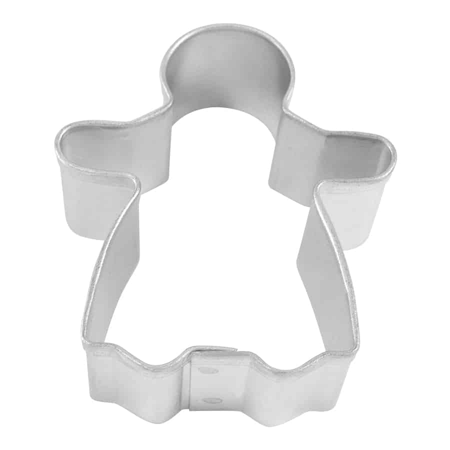 Mini Gingerbread Girl Cookie Cutter, silver metal, 1.5 inches in height and 1.75 inches wide, with a classic gingerbread girl shape