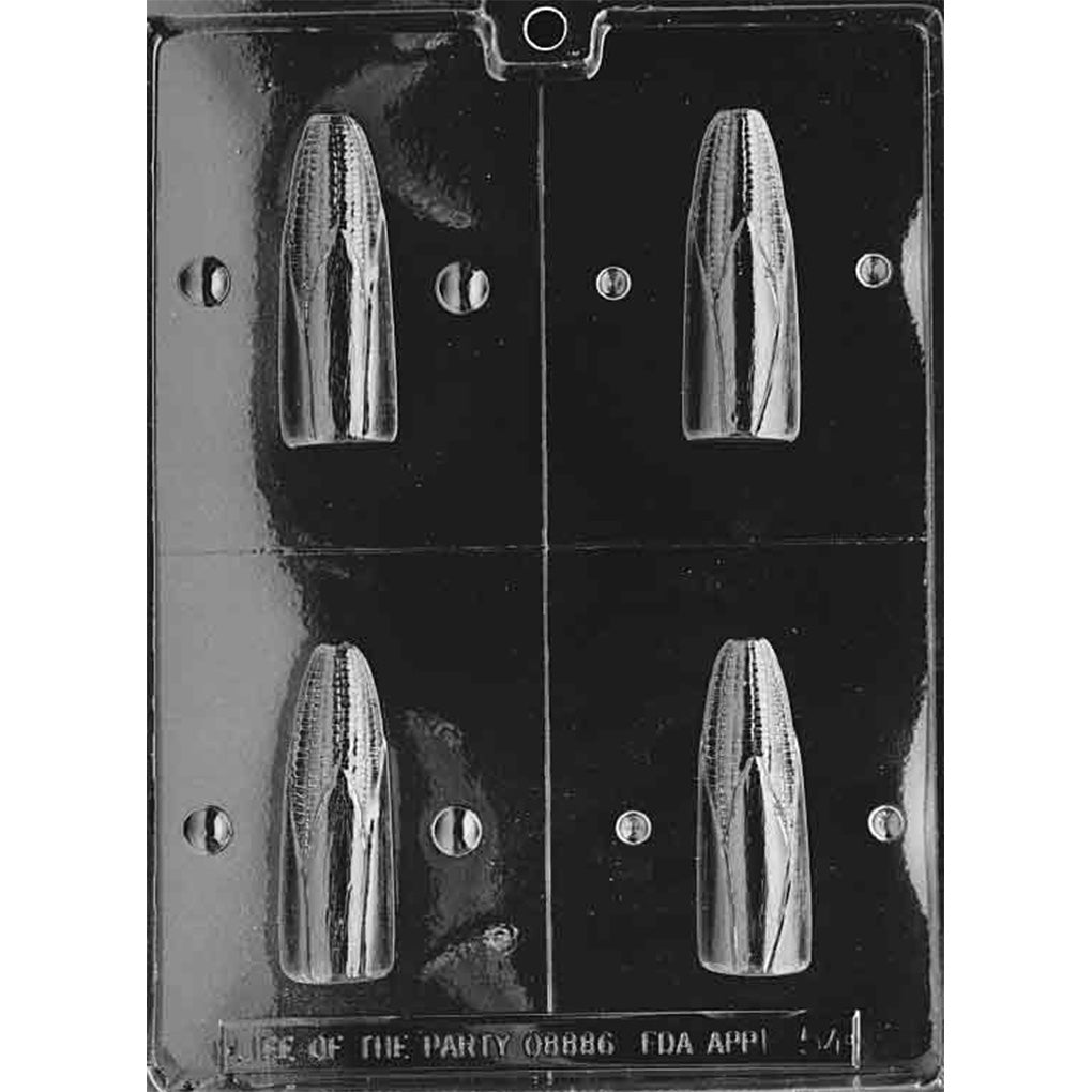 Clear plastic Miniature 3D Corn on the Cob Chocolate Mold with four matching half-cavities for two 3-inch corn cobs with kernels and husks