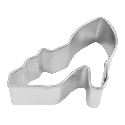 A silver miniature high heel cookie cutter with a defined heel and curved toe.