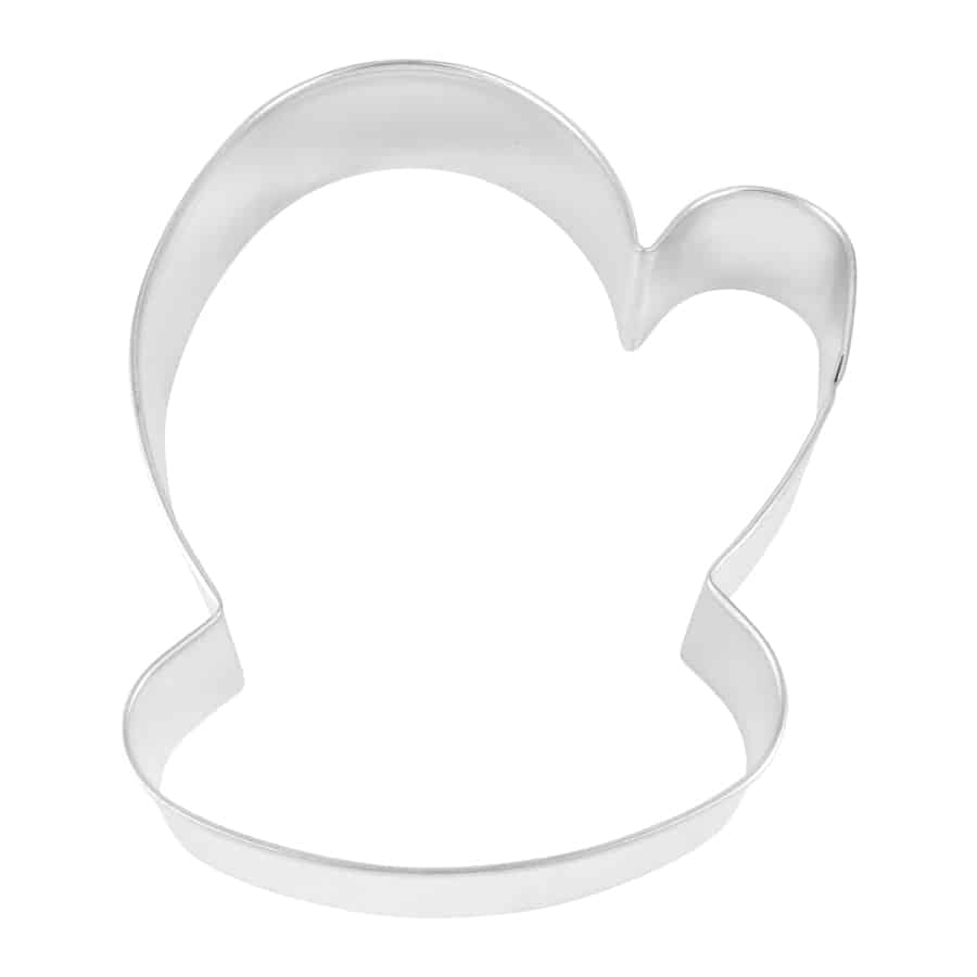 Metal mitten-shaped cookie cutter with a rounded top and a thumb curve on one side.