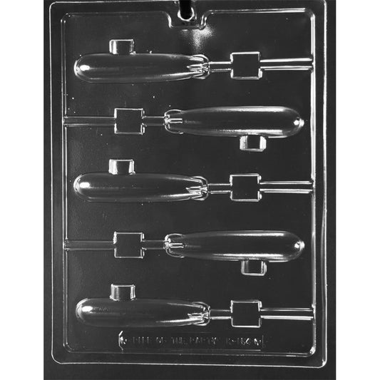 Clear plastic modern submarine chocolate lollipop mold with five long submarine-shaped cavities, each with a small raised conning tower and stick channel.