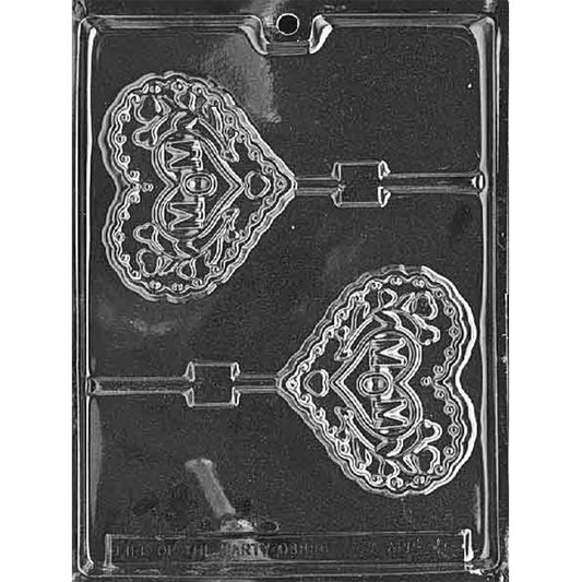 Clear plastic chocolate lollipop mold with two heart-shaped cavities featuring an embossed “MOM” message and attached lollipop stick channels.