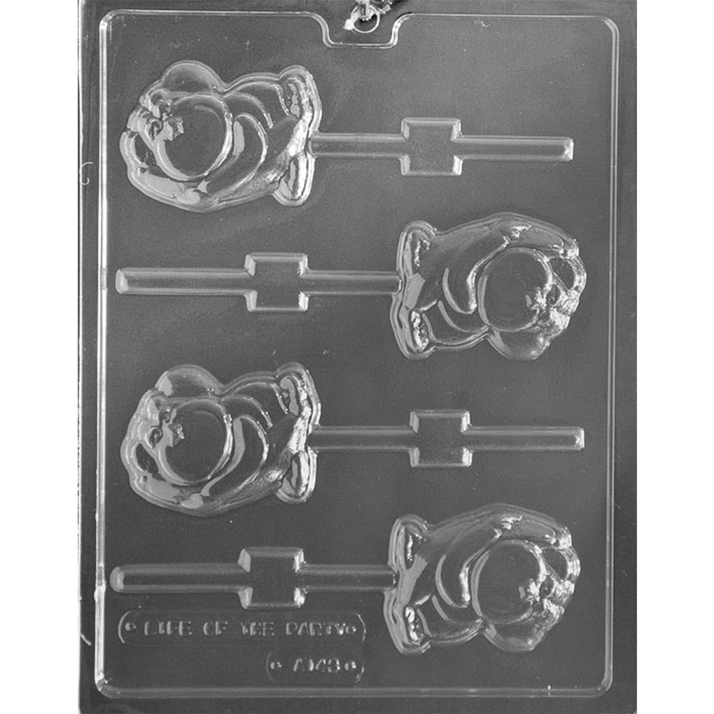 Clear plastic monkey holding banana chocolate lollipop mold with four approximately 2 5/8 x 2-inch cavities, including two monkeys facing each direction.