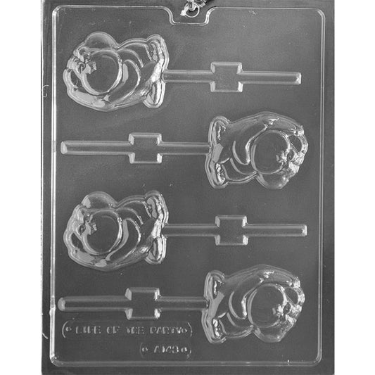 Clear plastic monkey holding banana chocolate lollipop mold with four approximately 2 5/8 x 2-inch cavities, including two monkeys facing each direction.