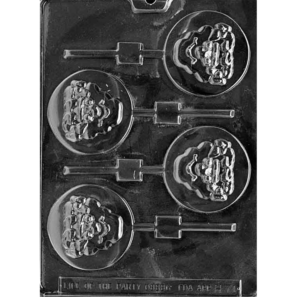Clear plastic chocolate lollipop mold with five round cavities, each featuring a raised monster face design and stick channel, shown on a dark background.