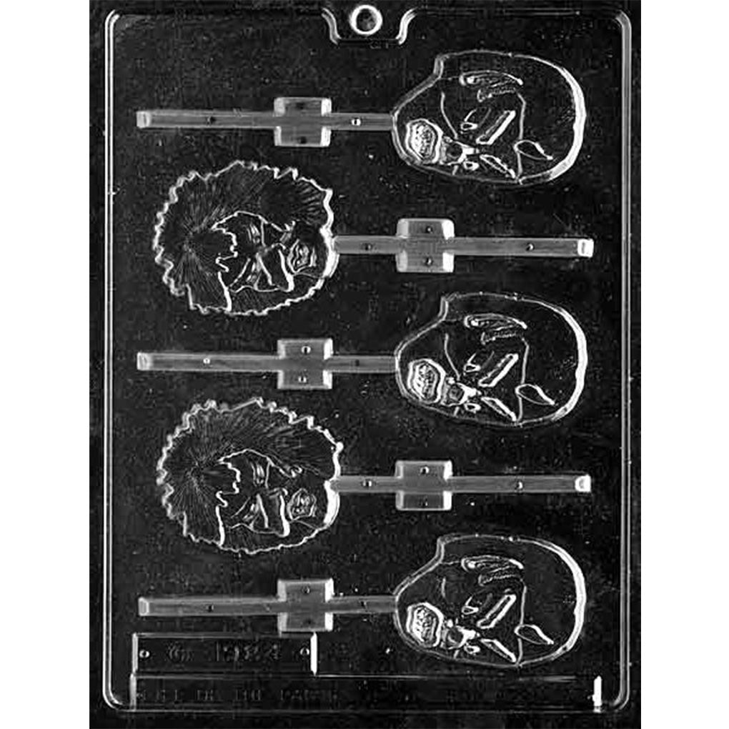Black plastic chocolate lollipop mold with five monster face cavities, including shaggy-haired and rounded monster designs, with stick channels for making Halloween chocolate pops.