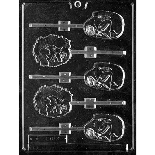 Black plastic chocolate lollipop mold with five monster face cavities, including shaggy-haired and rounded monster designs, with stick channels for making Halloween chocolate pops.