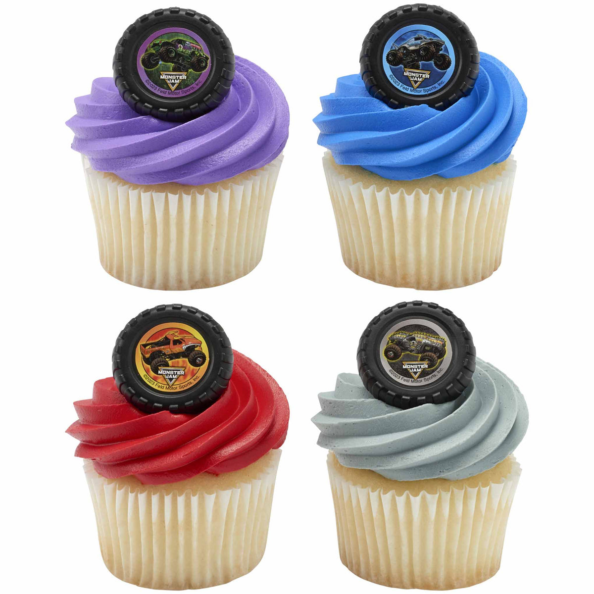 Four Monster Jam monster truck cupcake topper rings displayed on cupcakes with purple, blue, red, and gray swirled frosting