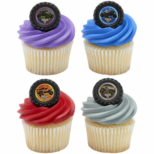 Four Monster Jam monster truck cupcake topper rings displayed on cupcakes with purple, blue, red, and gray swirled frosting