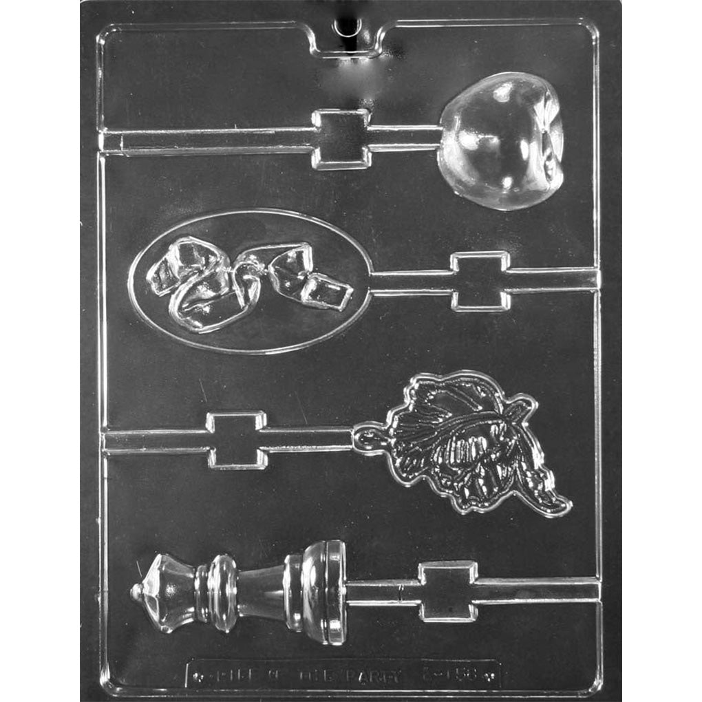 Moonlight Assortment chocolate lollipop mold with four apple, ribbon, flower, and queen-shaped cavities with stick channels