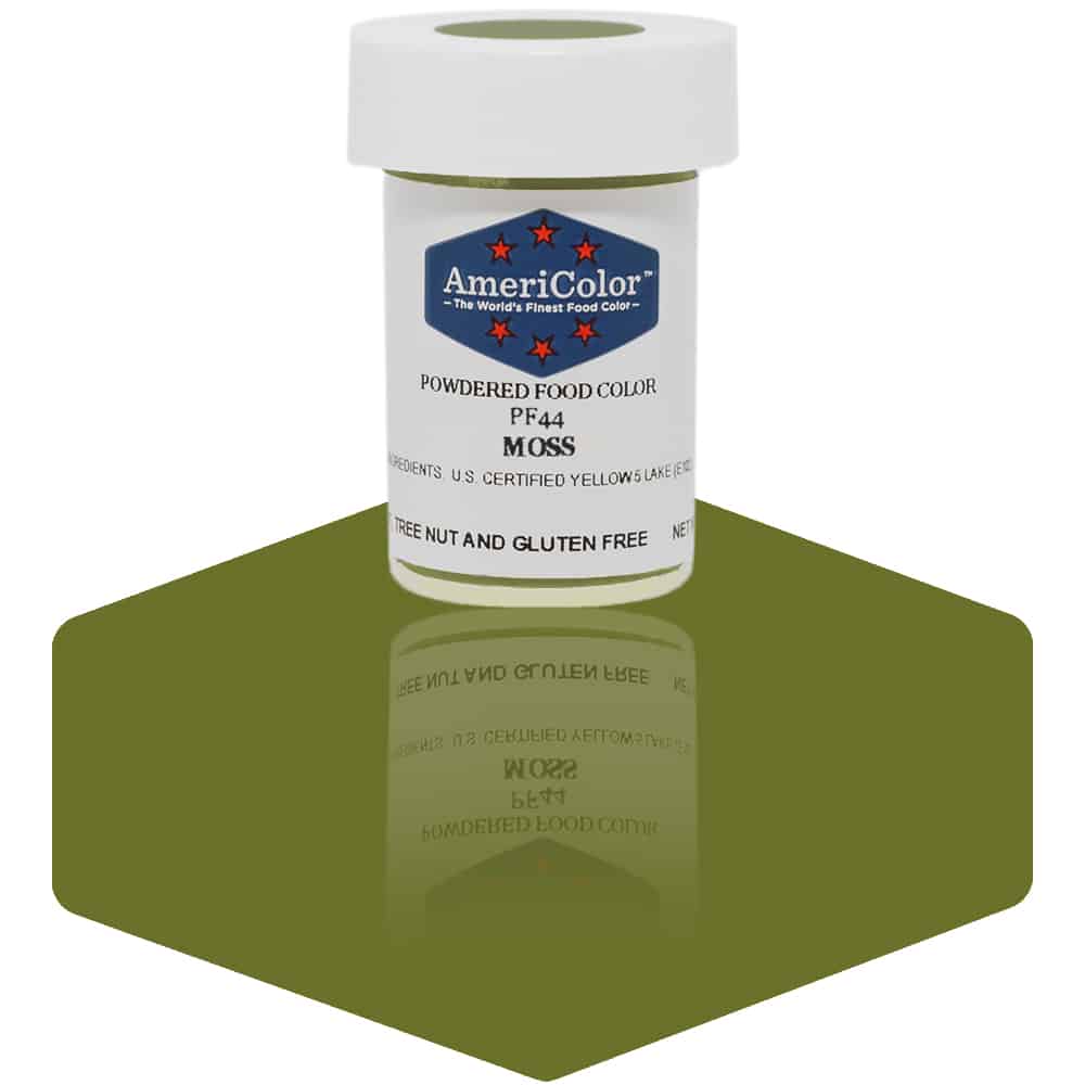 AmeriColor Moss powdered food coloring 3 gram container displaying earthy green powder for woodland cake themes.