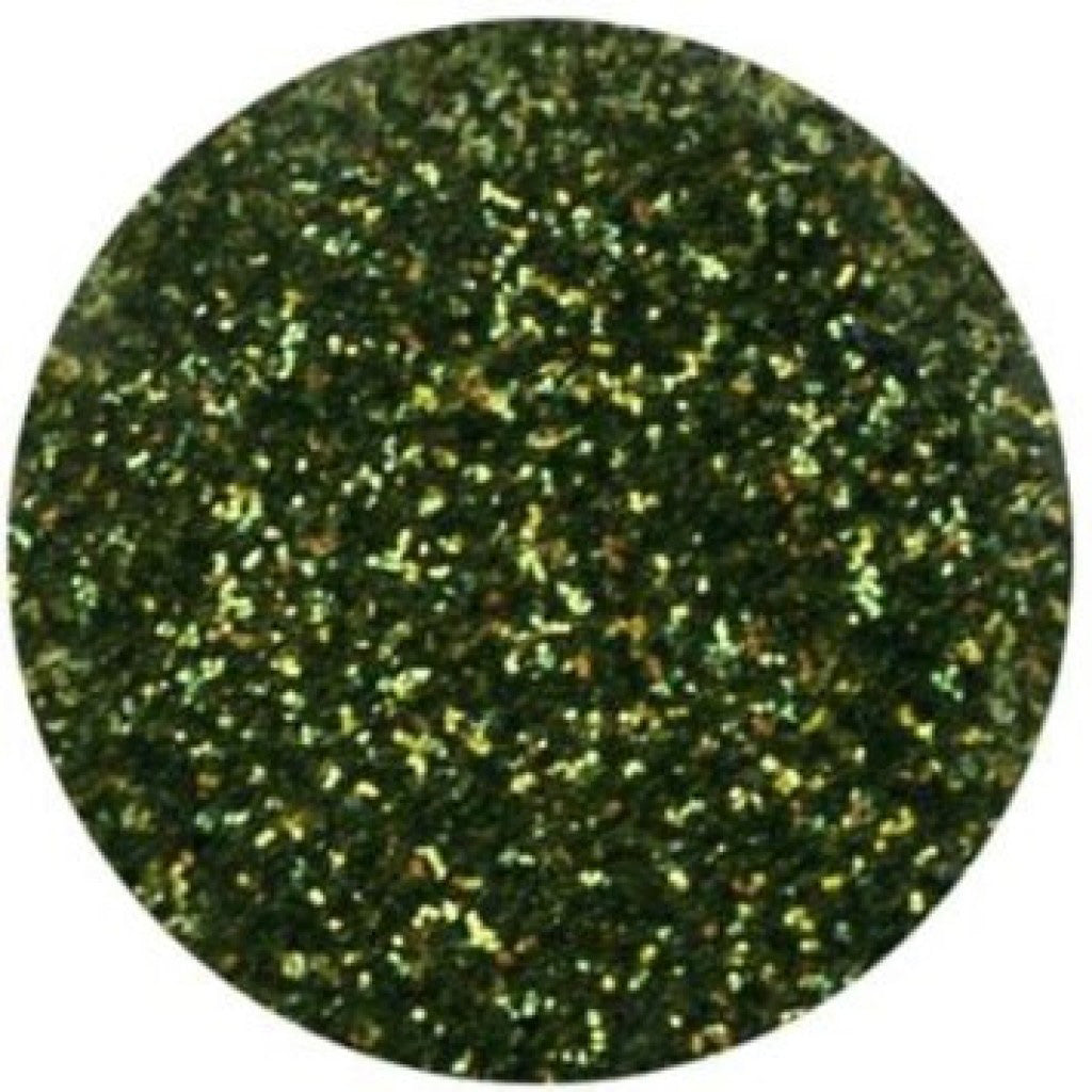 Round close-up view of Moss Green Galaxy Glitter Dust showing dense fine glitter in a deep green shade with sparkling reflective highlights.