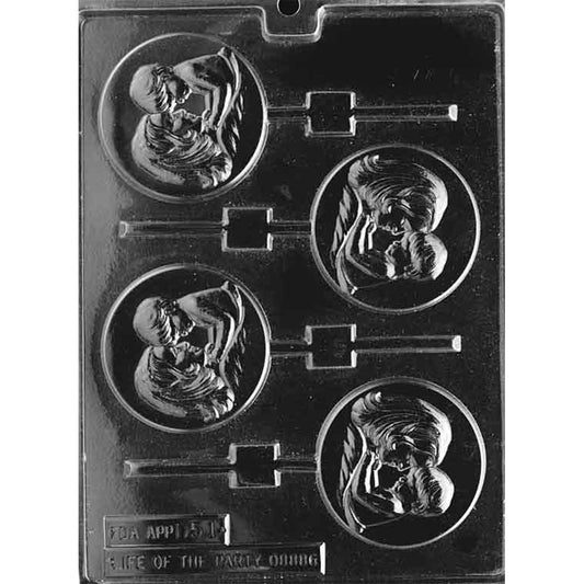 Clear plastic chocolate lollipop mold with four round cavities featuring a raised mother-and-child silhouette design and lollipop stick channels.