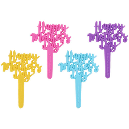 Set of four plastic cupcake picks in yellow, pink, purple, and teal, each featuring a "Happy Mother’s Day" script message with attached stake.