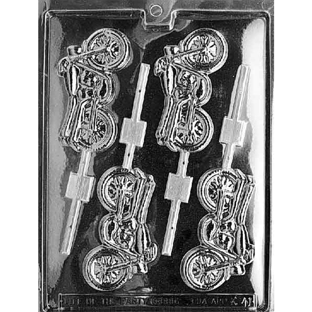 Motorcycle chocolate lollipop mold with four side-view bike cavities featuring spoked wheels, engines, frames, handlebars, and stick channels