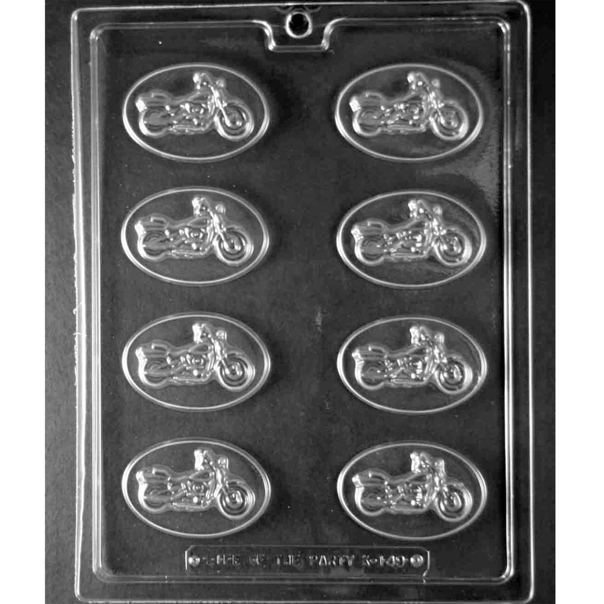 Clear plastic Bite-Sized Motorcycle Mints Chocolate Mold with eight oval cavities featuring raised side-profile motorcycles