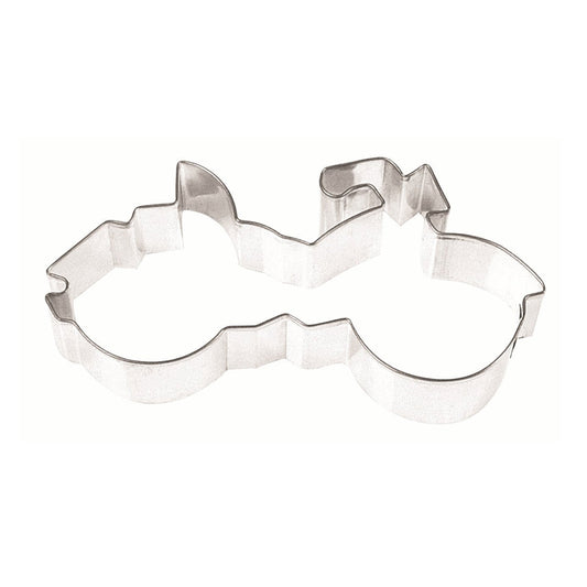 Motorcycle-shaped steel cookie cutter, 3 inches wide, ideal for creating motorcycle-themed cookies.