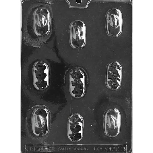 Nine-cavity filled chocolate mold with two assorted oblong mound designs, each measuring approximately 1 x 1 7/8 inches