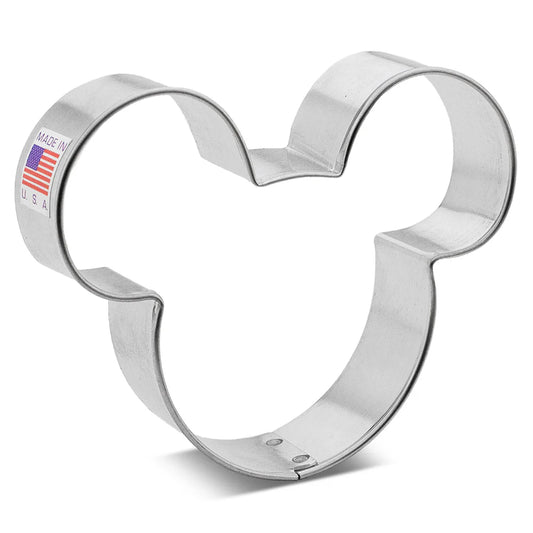 Metal cookie cutter shaped like a classic mouse head with two round ears.